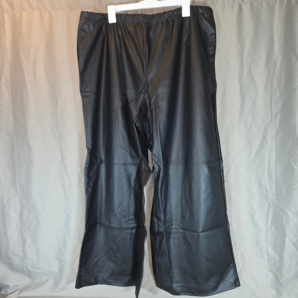 A New Day Womens Black Faux Leather Wide Leg Elastic Waist Pants 1X Regular